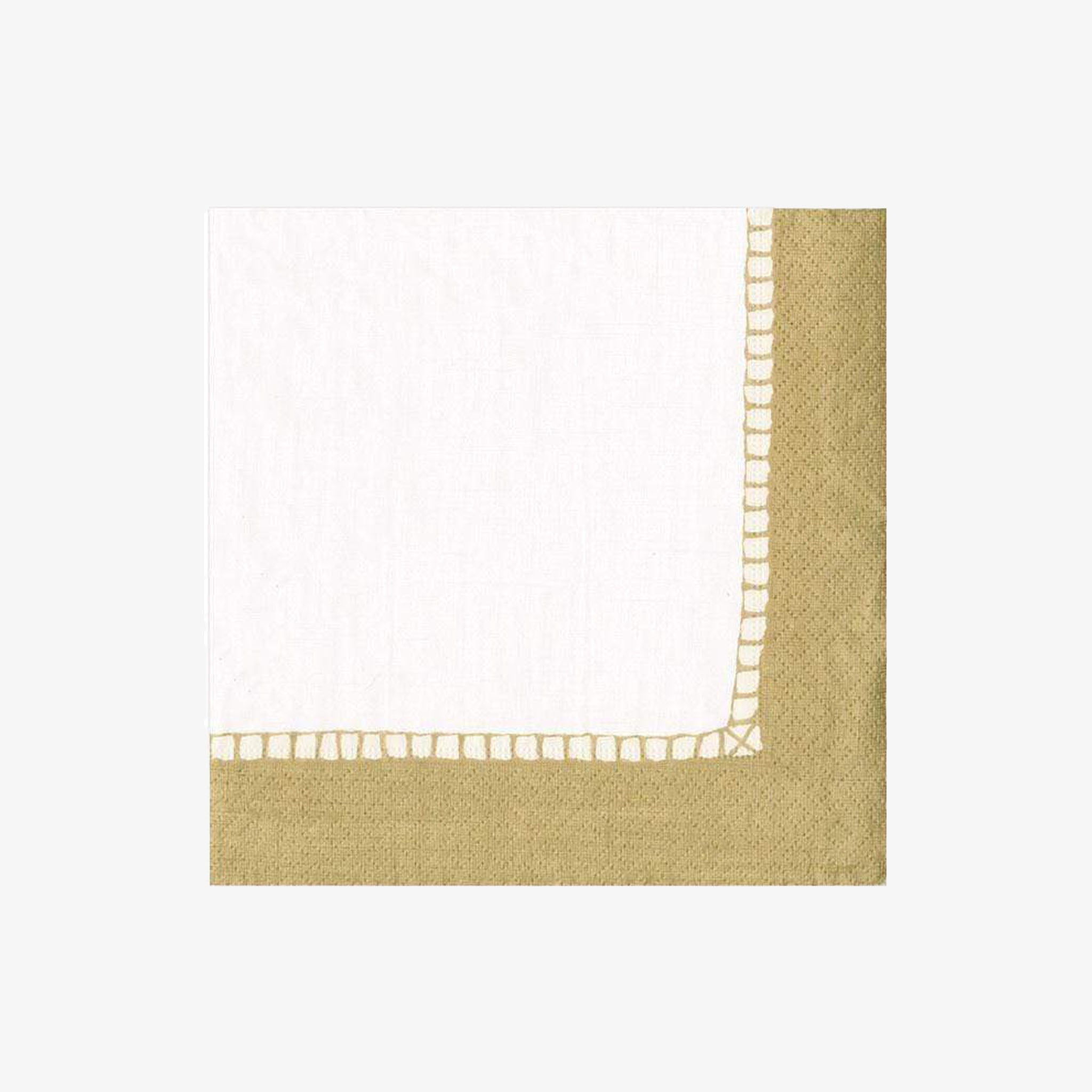 Cocktail napkin with gold border on a white background