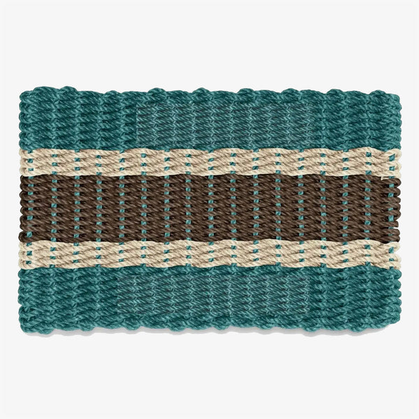 Lobster Rope Outdoor Doormat in Dark Green with Dark brown and Tan Stripe on a white background