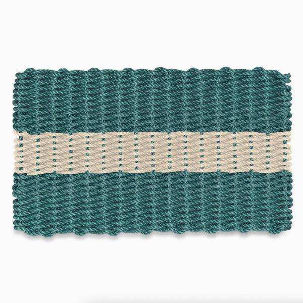 Lobster Rope Outdoor Doormat in Dark Green with Tan Stripe on a white background
