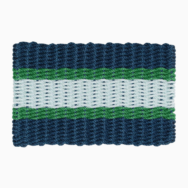 Lobster Rope Outdoor Doormat in Navy with Green and Seafoam stripes on a white background