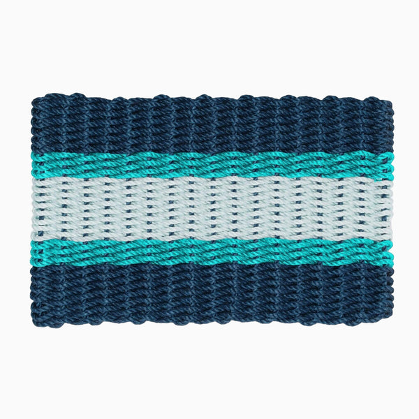 Lobster Rope Outdoor Doormat in Navy with pale blue and aqua stripes on a white background