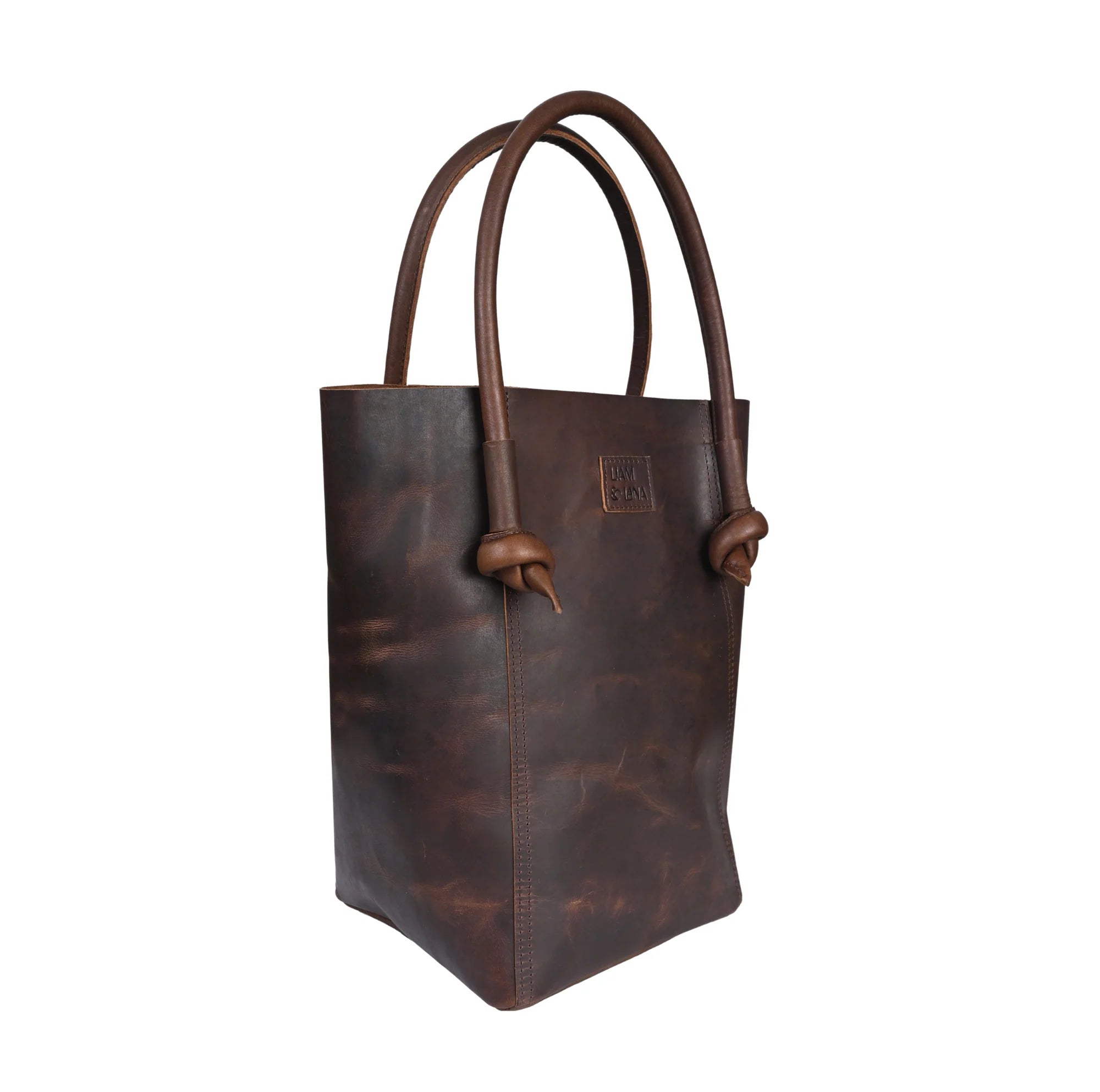 Elsie Leather Tote in Antique Brown on a white background at Addison West