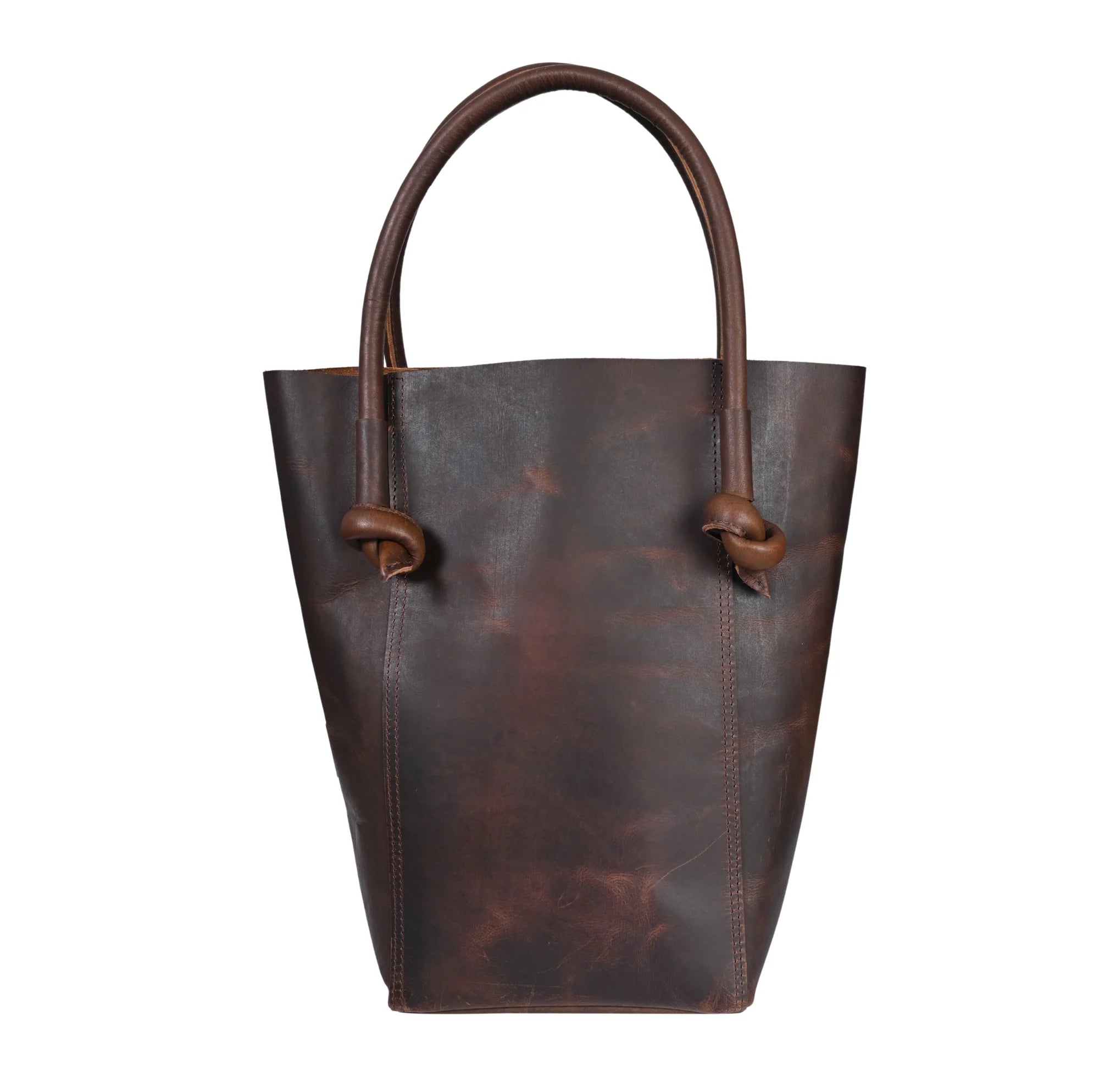 Elsie Leather Tote in Antique Brown on a white background at Addison West