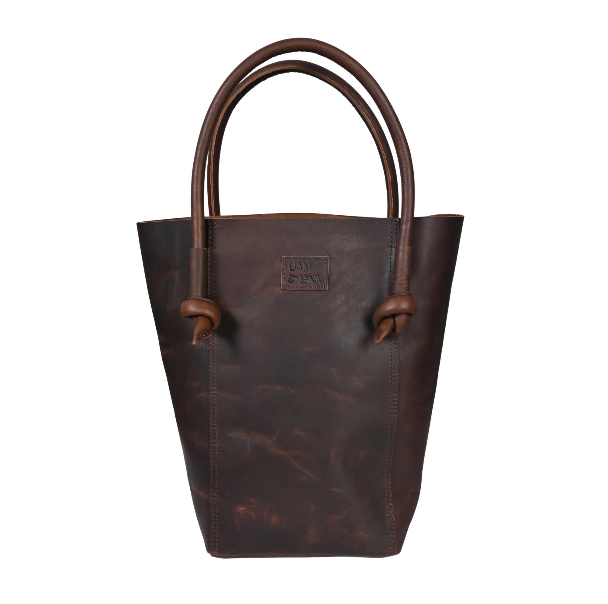 Elsie Leather Tote in Antique Brown on a white background at Addison West