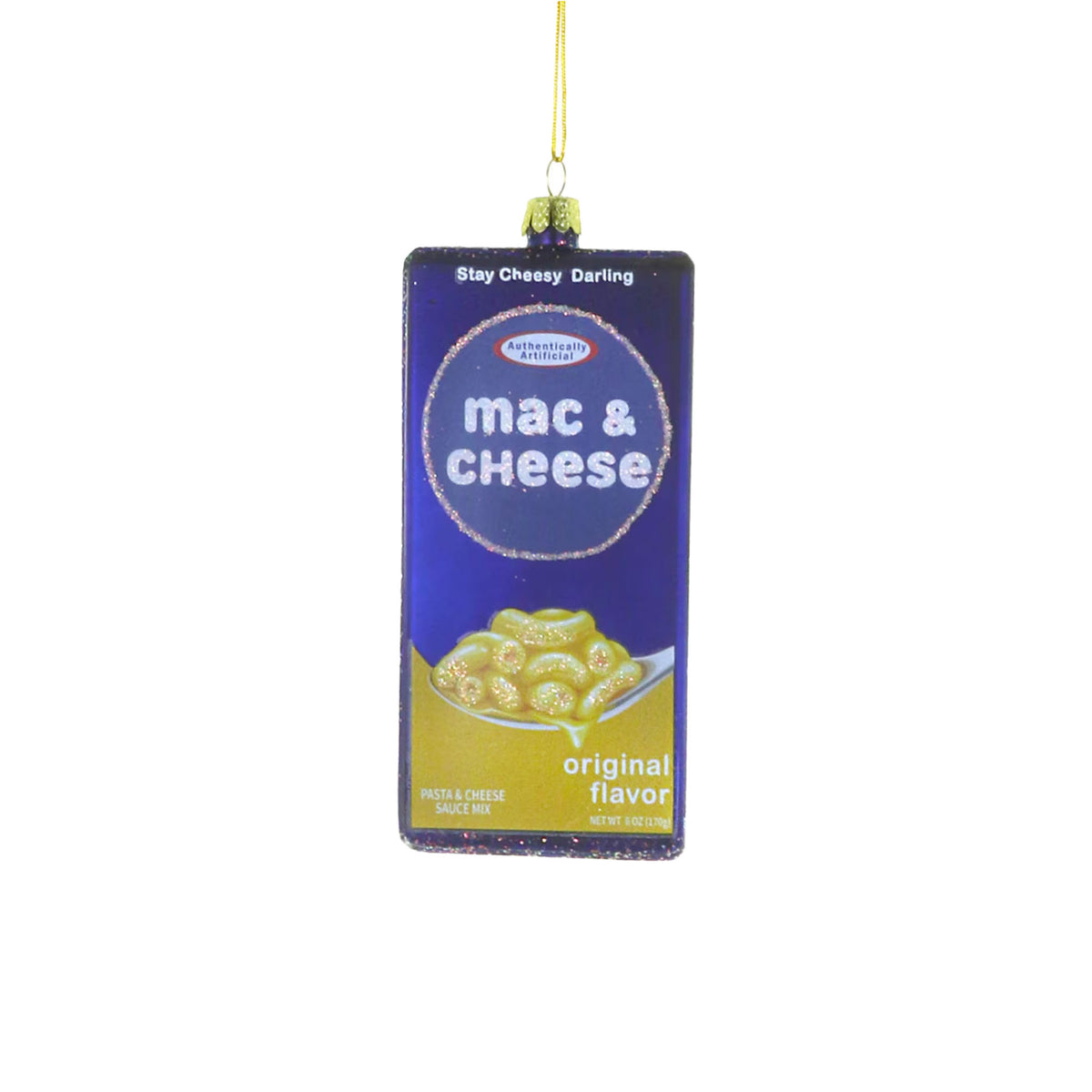 Mac and cheese box ornament with blue label and yellow text on a white background