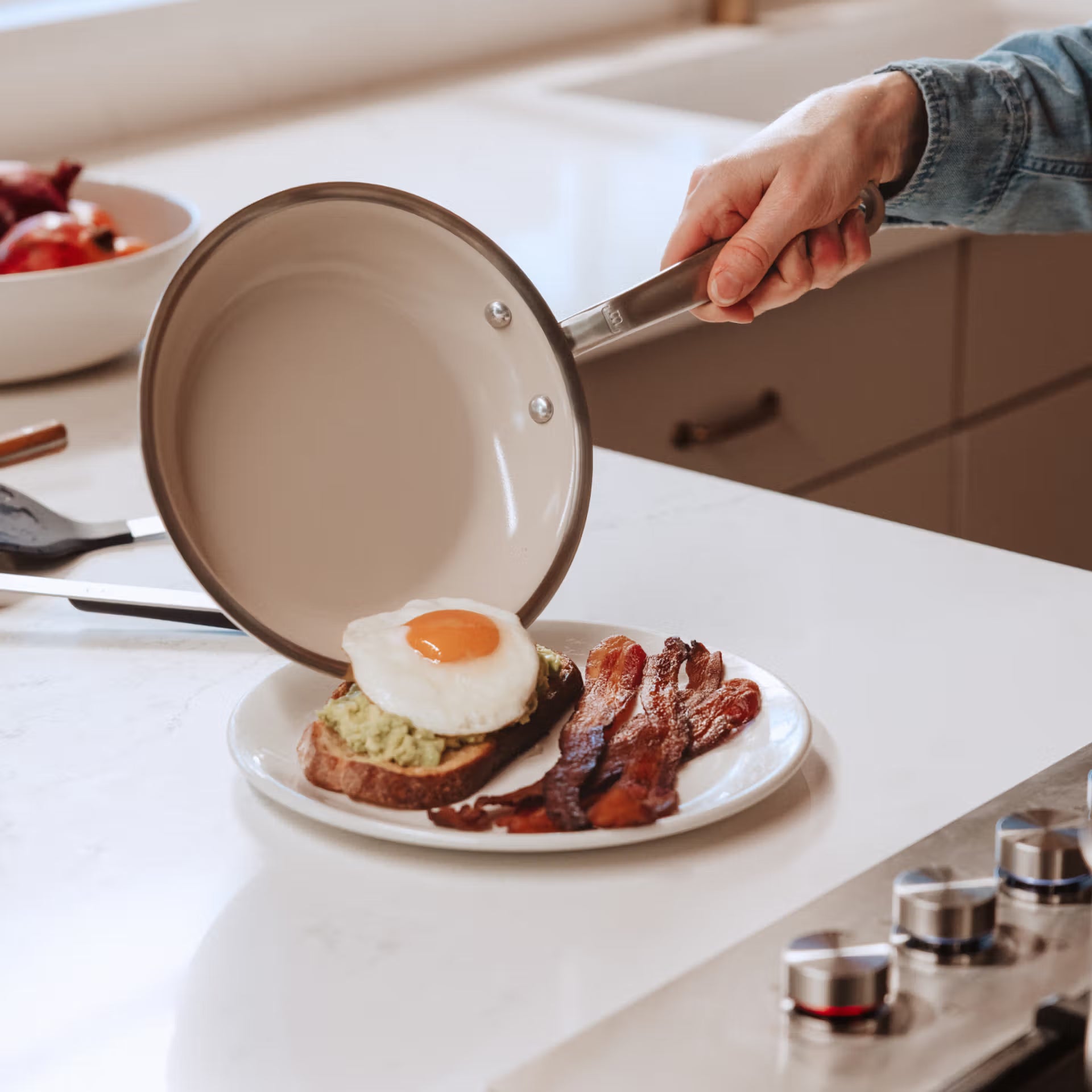 Made In CeramiClad™ 10” Non-stick Fry Pan in Antique Brass on kitchen counter at Addison West