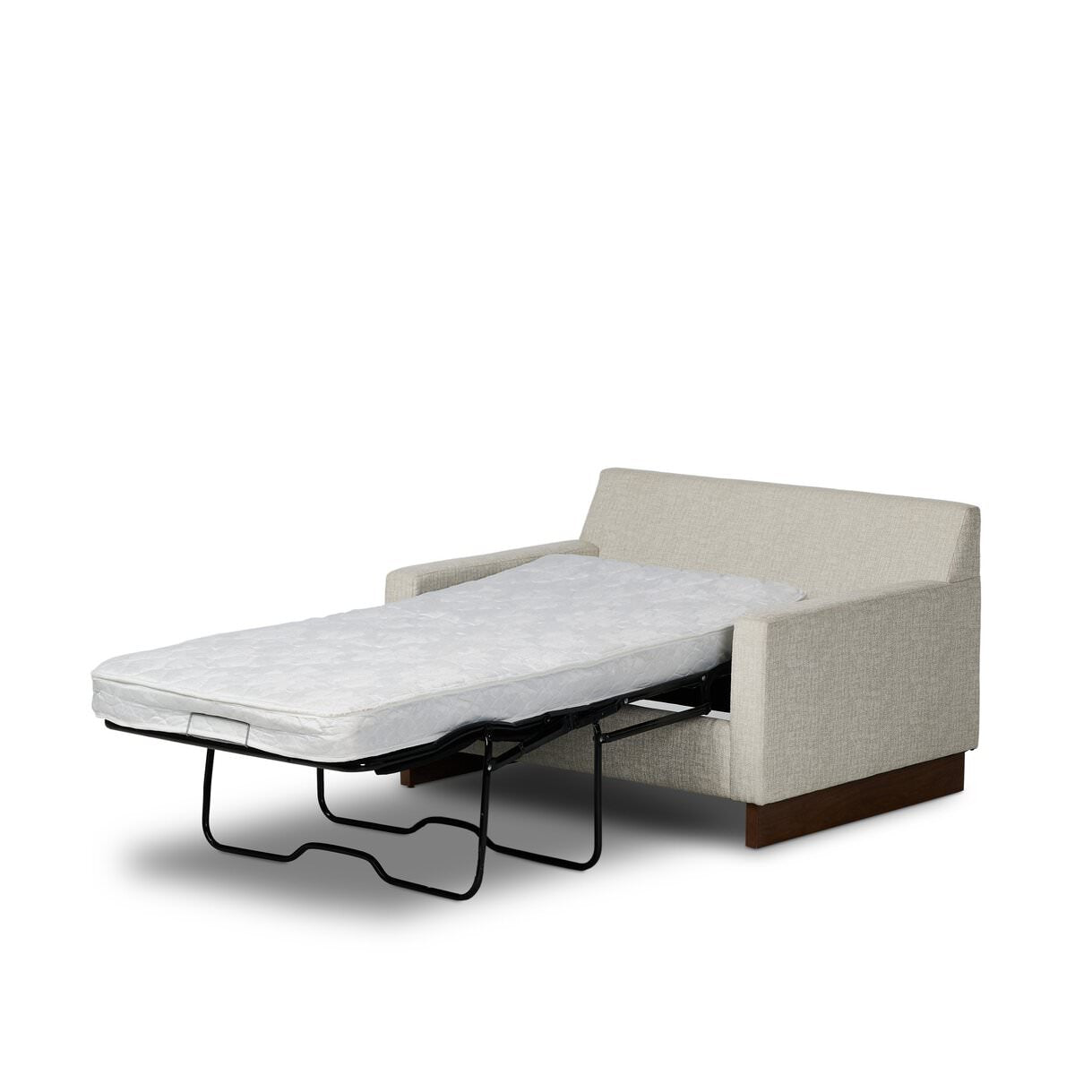 Marquez Sleeper Chair in Alameda Snow with the bed open on a white background