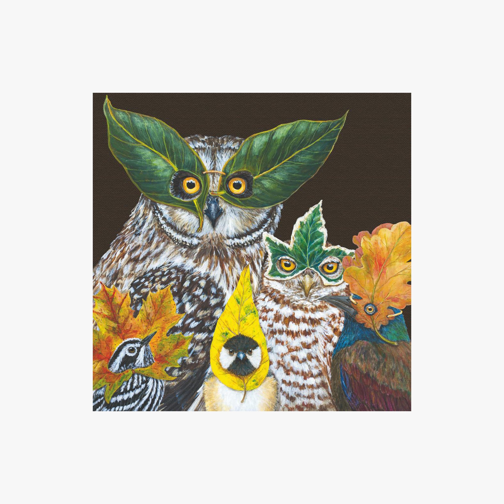 Cocktail napkin with Illustration of owls and birds with leaf-like accessories on a white background
