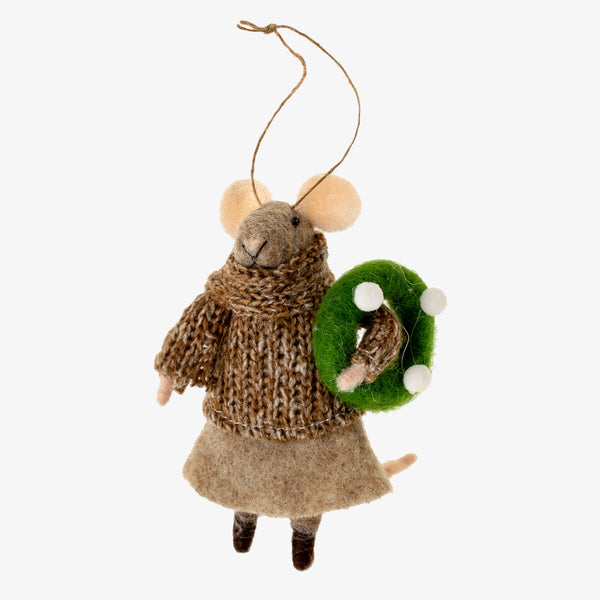 Indaba brand 'midwinter melinda' felted mouse ornament with brown skirt and sweater and green wreath on a white background