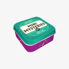 Mini mysteries game box with teal lid and purple base on a white background
