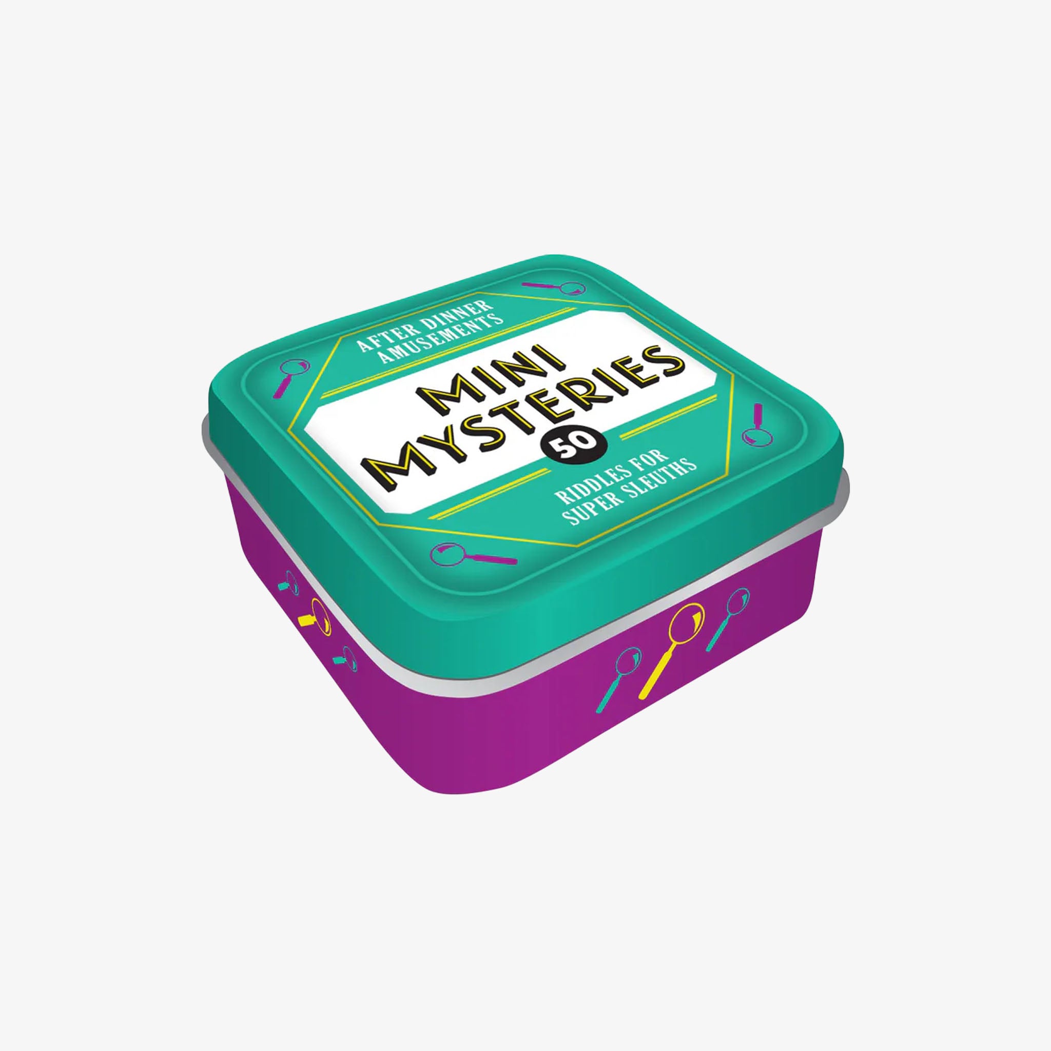 Mini mysteries game box with teal lid and purple base on a white background