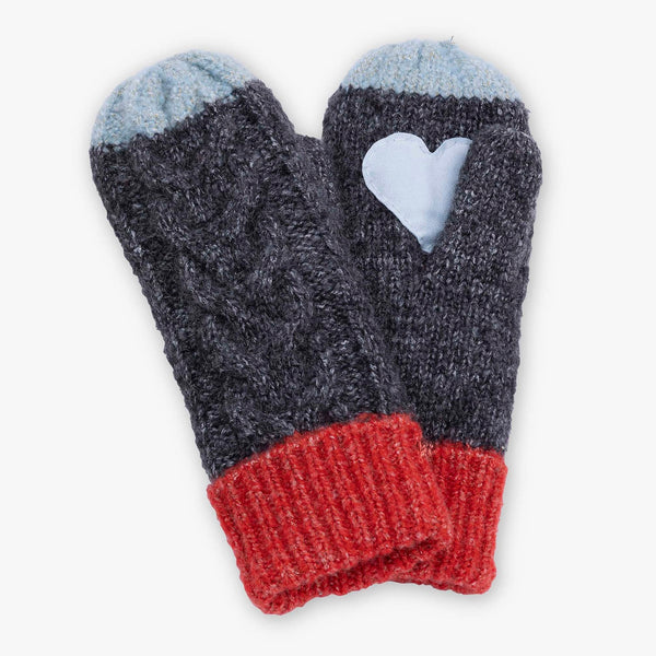 Pistil Minzy Mitten in ash grey with red cuff and blue heart on a white background