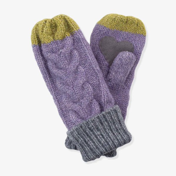 Pitsil Minzy Mitten in lavender with chartreuse tip and grey cuff and suede heart on a white background