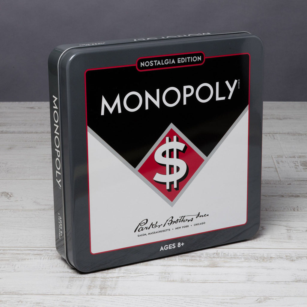 Monopoly Nostalgia Tin game on a wood surface