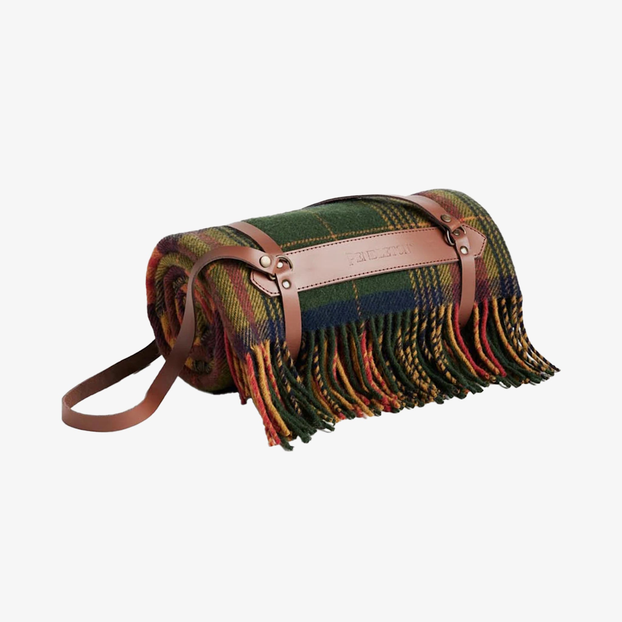 Plaid blanket with fringes and leather straps on a white background