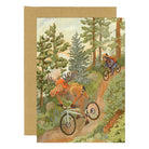 Illustrated greeting card with moose and bear mountain biking  on a white background