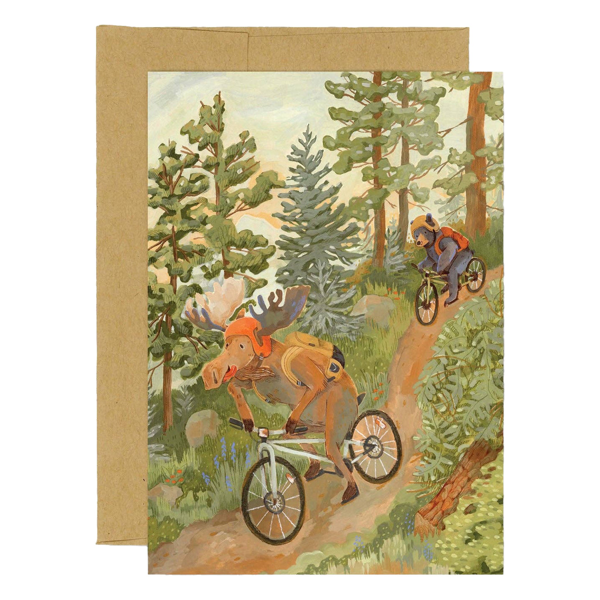 Illustrated greeting card with moose and bear mountain biking  on a white background
