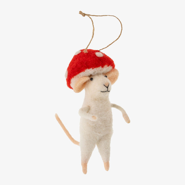 Indaba brand felted mouse ornament with red mushroom on his head on a white background