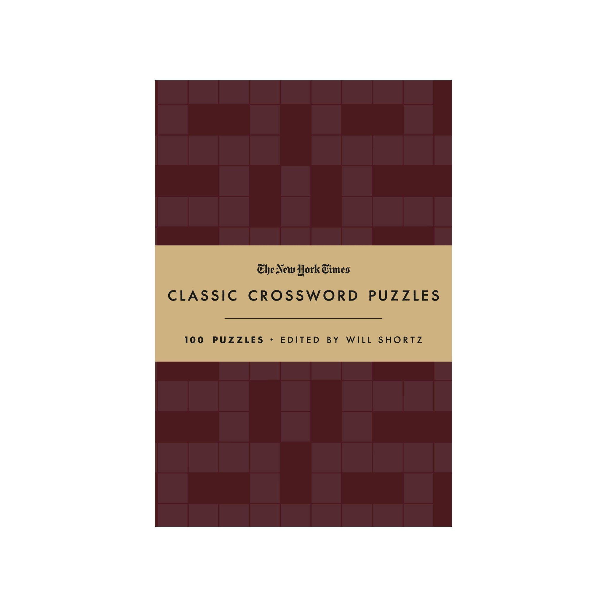 The New York Times Classic Crossword Puzzles book cover, featuring a dark burgundy grid pattern on the top and bottom with a tan center band containing the title and editor information.