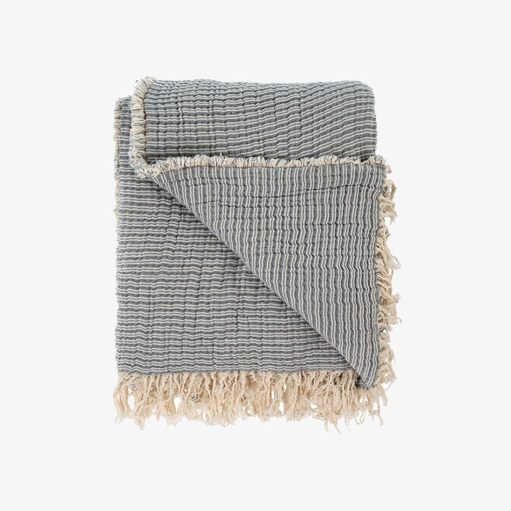Blue pinstripe throw with tassled edge on a white background
