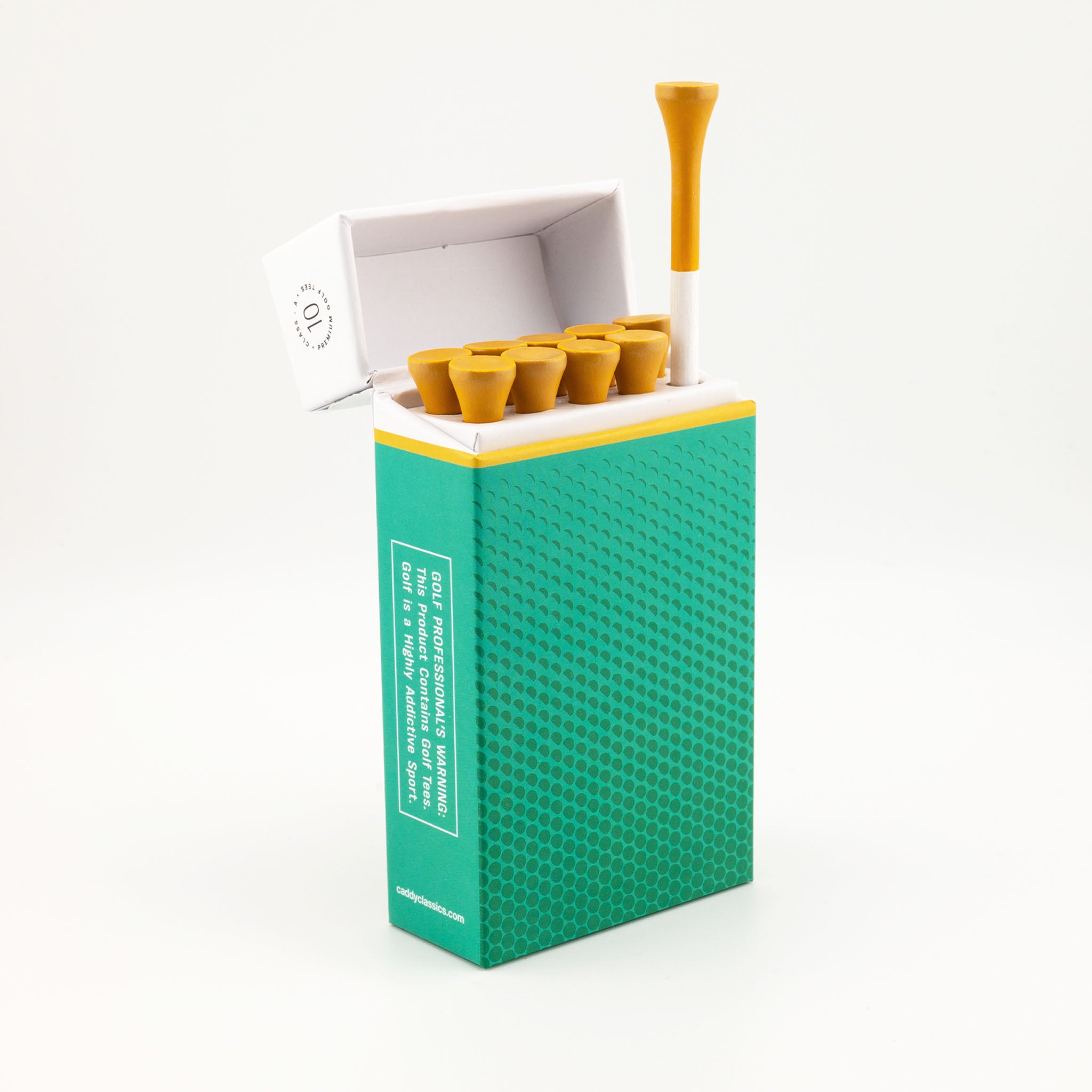 Green box with yellow tees on a white background