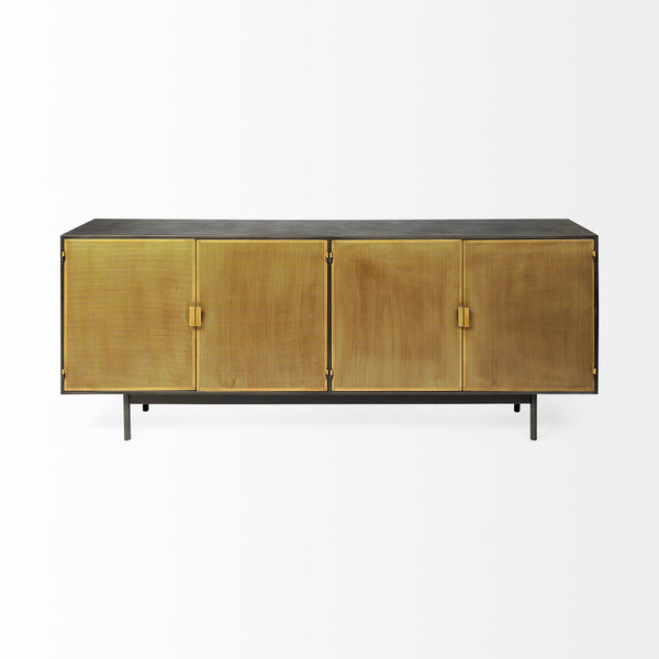 Mercana brand Newsome 79 inch long Black and Gold Metal 4 Cabinet Door Sideboard on a white background