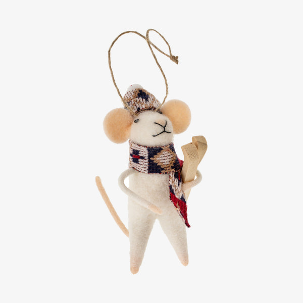 Indaba Nordic Nate felted Mouse Ornament with scarf and hat and wood skies on a white background