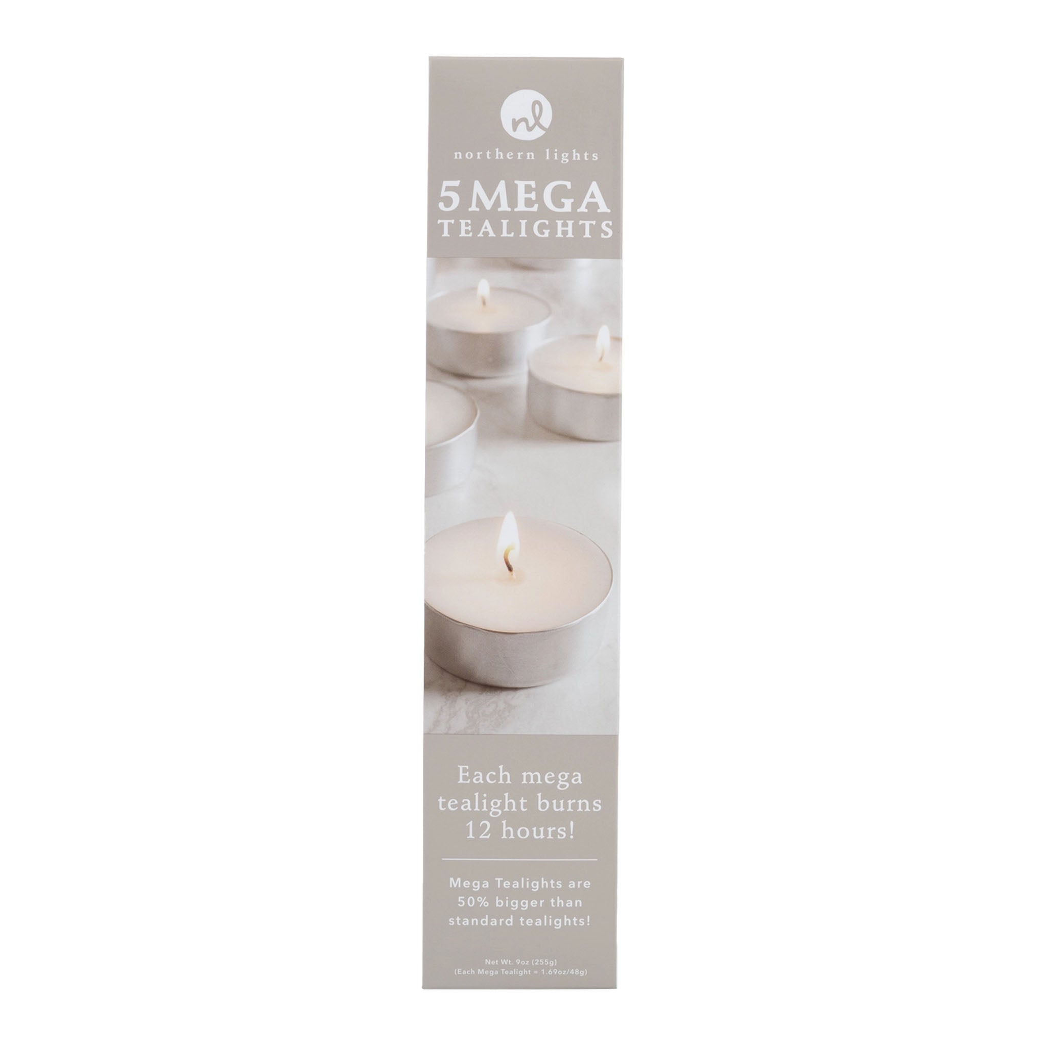 Five peice set of Northern Lights Mega Tealights on a white background