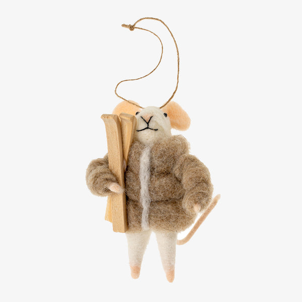 Indaba Off-Piste Peter felted Mouse Ornament with puffy felted jacket and wood skies on a white background