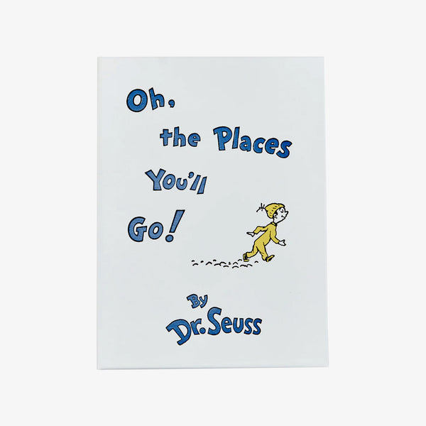 Leather bound version of Dr. Seuss 'The places you'll go' with white leather cover on a white background