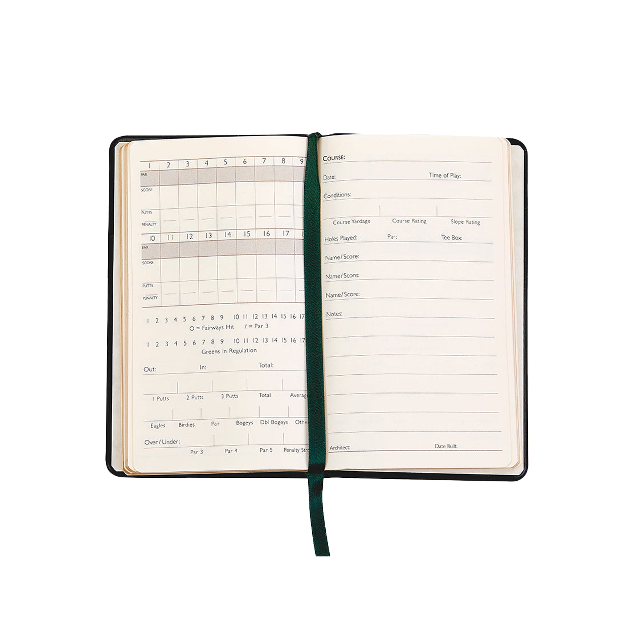 Notebook with green page saver on white background.