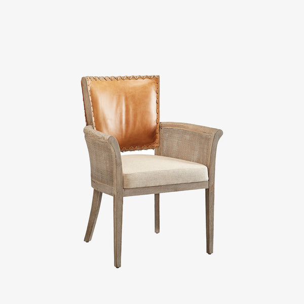 Dining chair with leather backrest and hide back upholstery on a white background