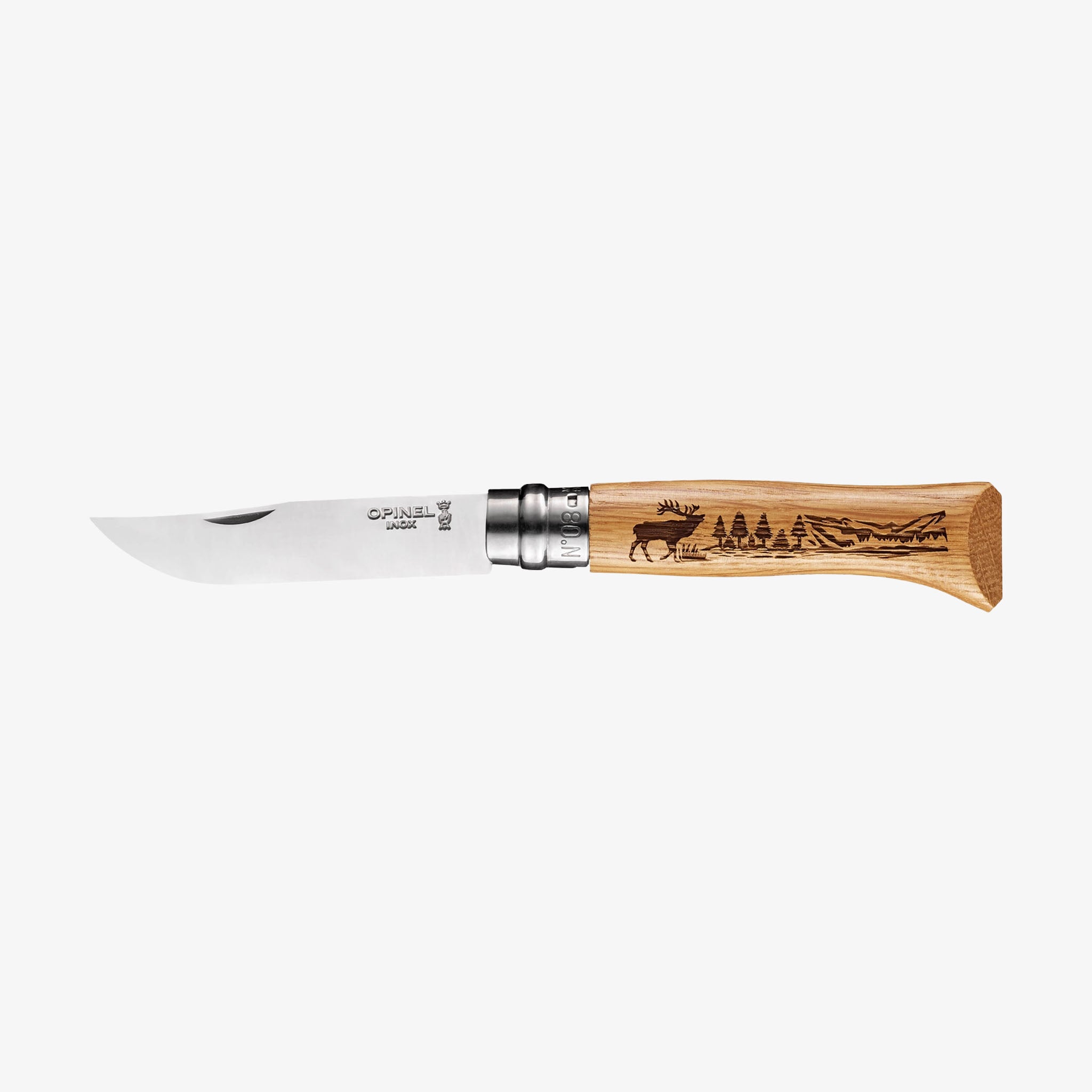 Opinel No. 08 Deer Stainless Steel Folding Knife on a white background at Addison West