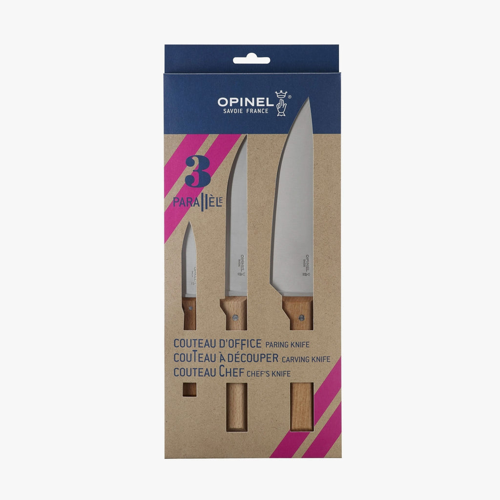 Opinel Trio Knife Set in craft box on a white background