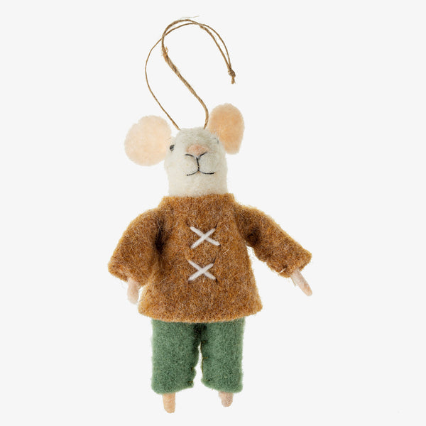 Indaba brand 'oslo' felted mouse ornament with brown sweater and green pants on a white background