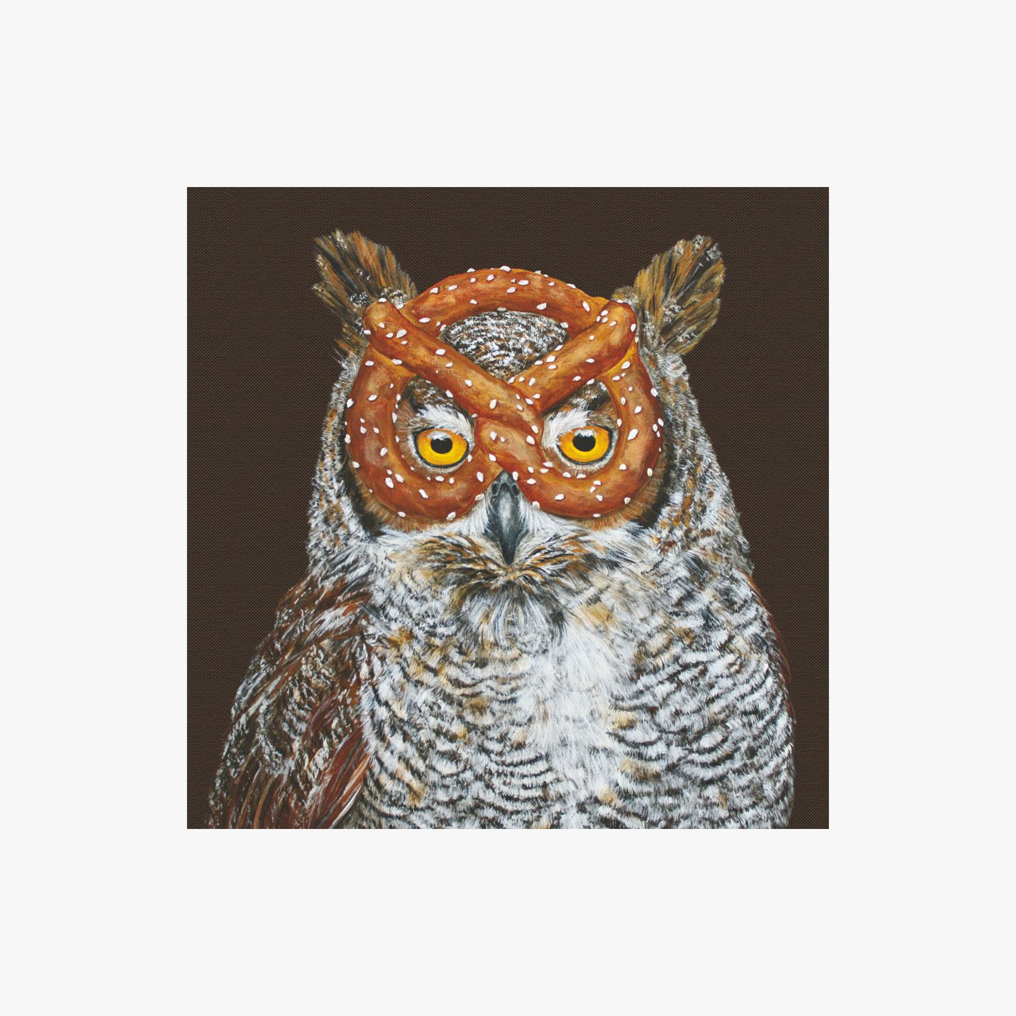 Cocktail napkin with Owl wearing a pretzel on a brown background