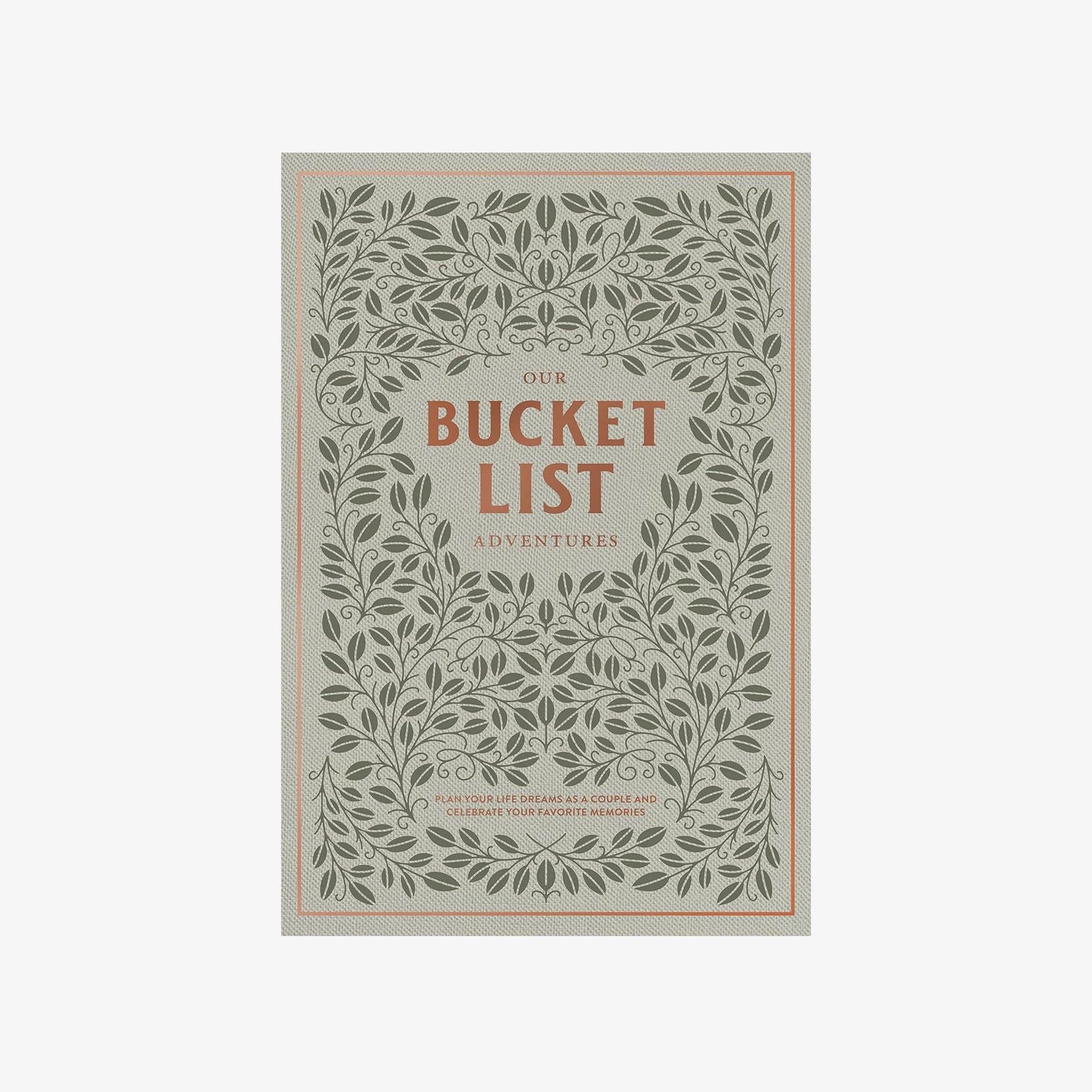 Front cover of journal called 'Our Bucket List Adventures' with leaves on front on a white background