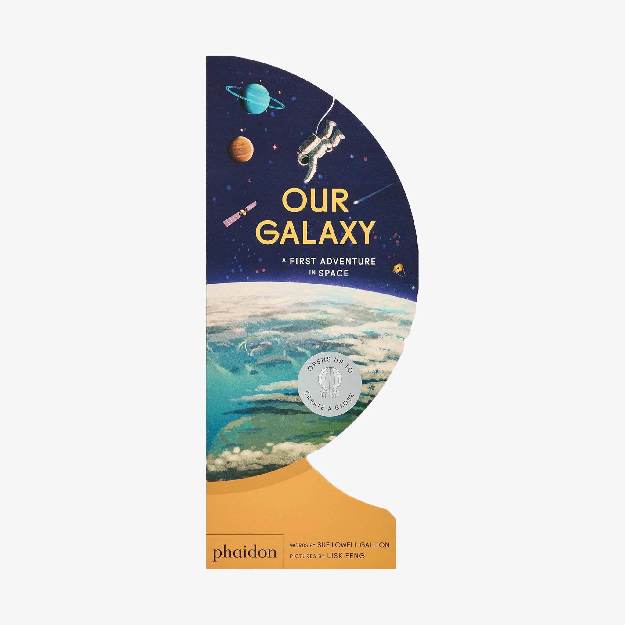 Children's board book titled 'Our Galaxy: A First Adventure in Space' in shape of a planet on a white background