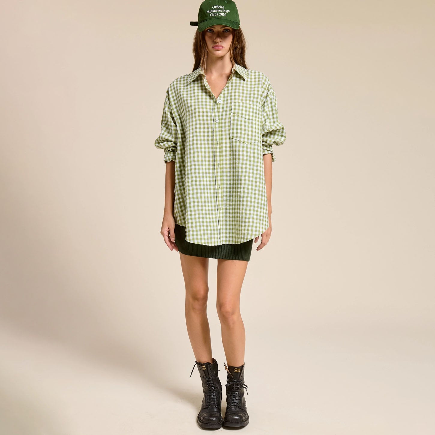 Oversized Gingham Buttom Down in Leaf shown on model on plain background.