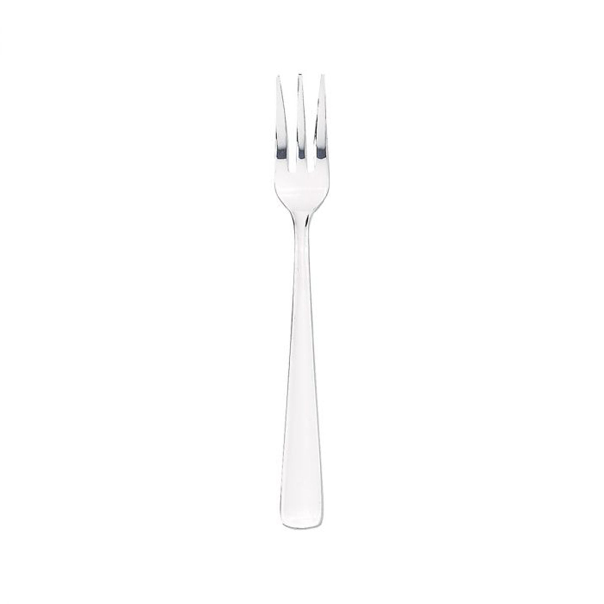 Small three prong stainless steel oyster fork on a white background
