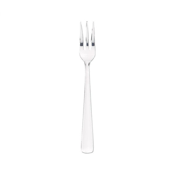 Small three prong stainless steel oyster fork on a white background