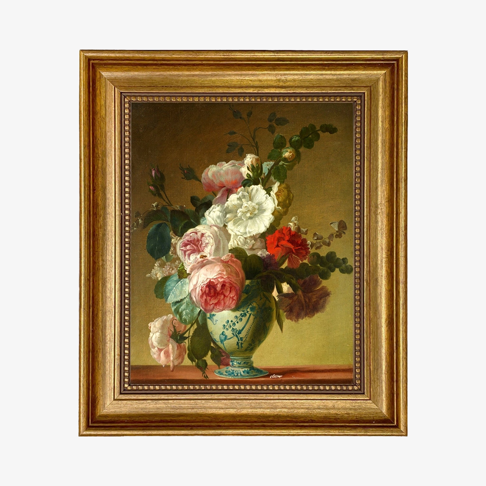 Peonies and Roses Vintage Artwork with gold leaf frame on a white background