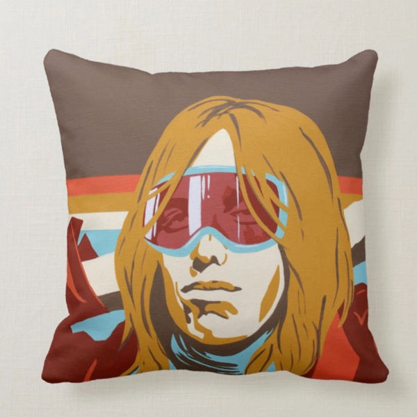 Tom Petty illustrated Throw Pillow by shannon henn with jerry wearing ski goggles on a white background