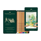 Faber-Castell 12 Pitt Pastel Pencil set in a dark green metal tin, showing the closed lid with white line art, the open tin with 12 wooden pencils in the center, and the front cover with a colorful drawing sample.
