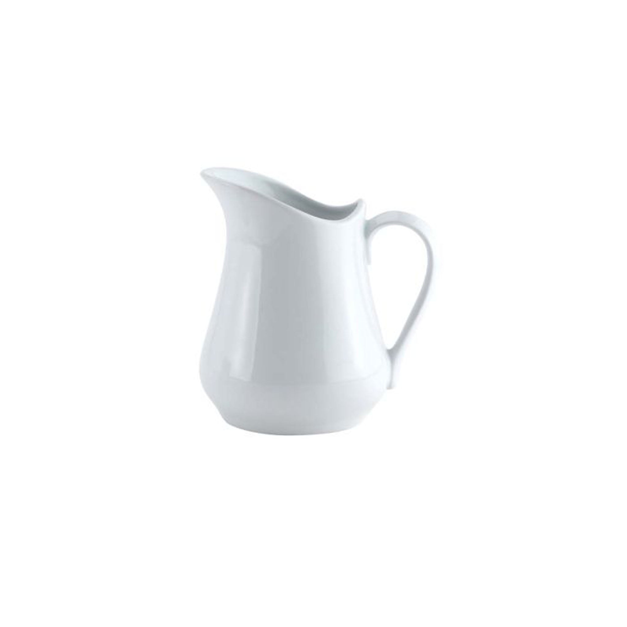 A white porcelain creamer pitcher with a handle and spout, against a plain background.