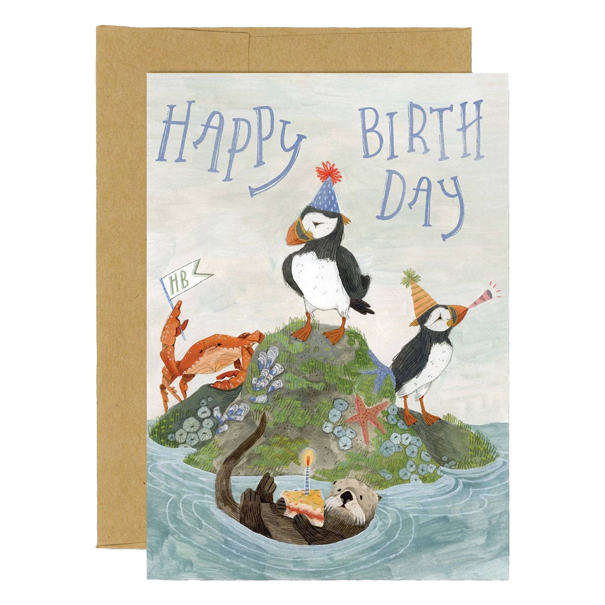Illustrated happy birthday greeting card with muffins and crab and otter on a white background