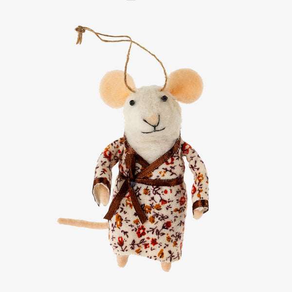 Indaba Pajama Patty felted mouse ornament with floral robe on a white background