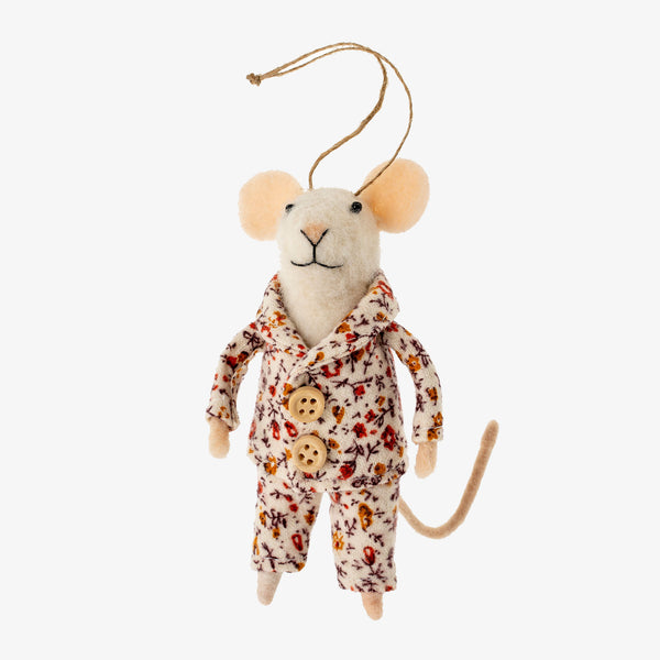 Indaba Pajama Paul felted mouse ornament with floral pajamas on a white background