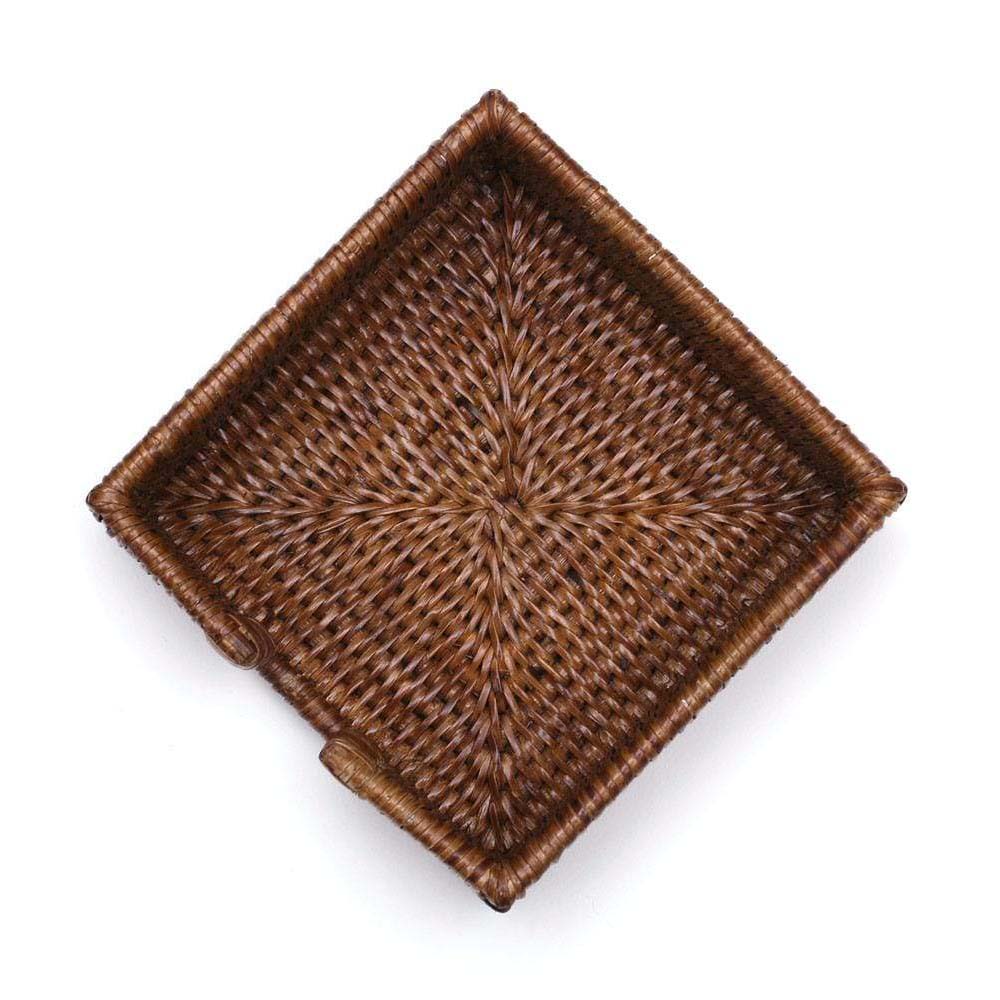 Caspari square rattan cocktail napkin holder from above on a white background