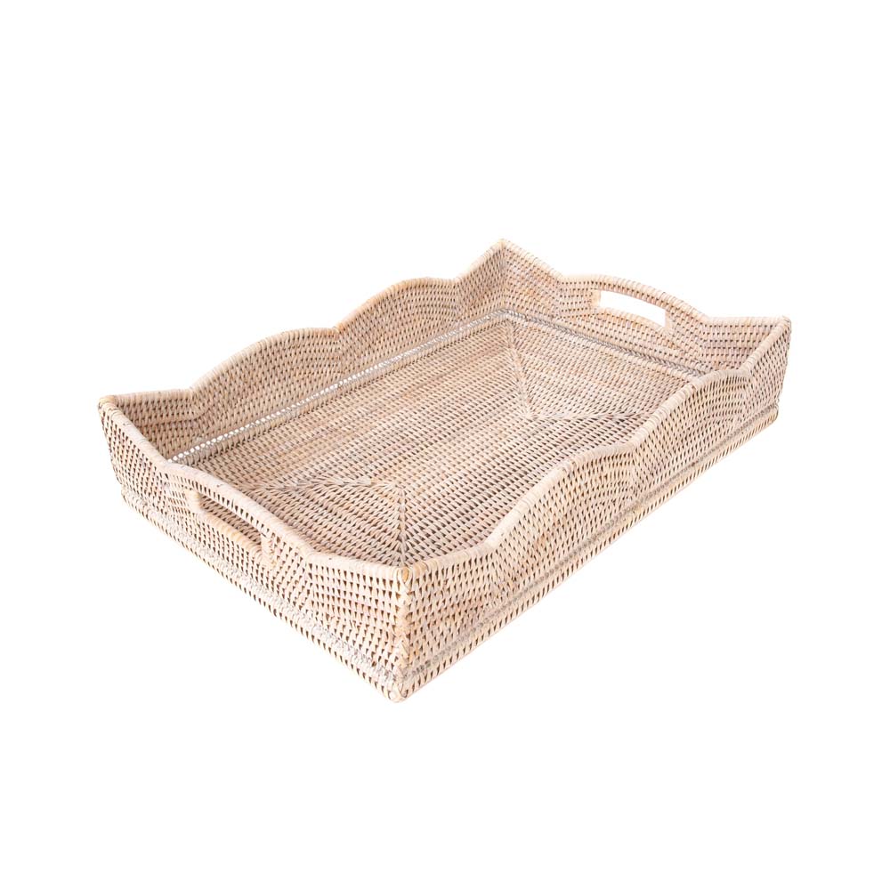 Rectangle Scallop Rattan Tray in Whitewash - Addison West 
